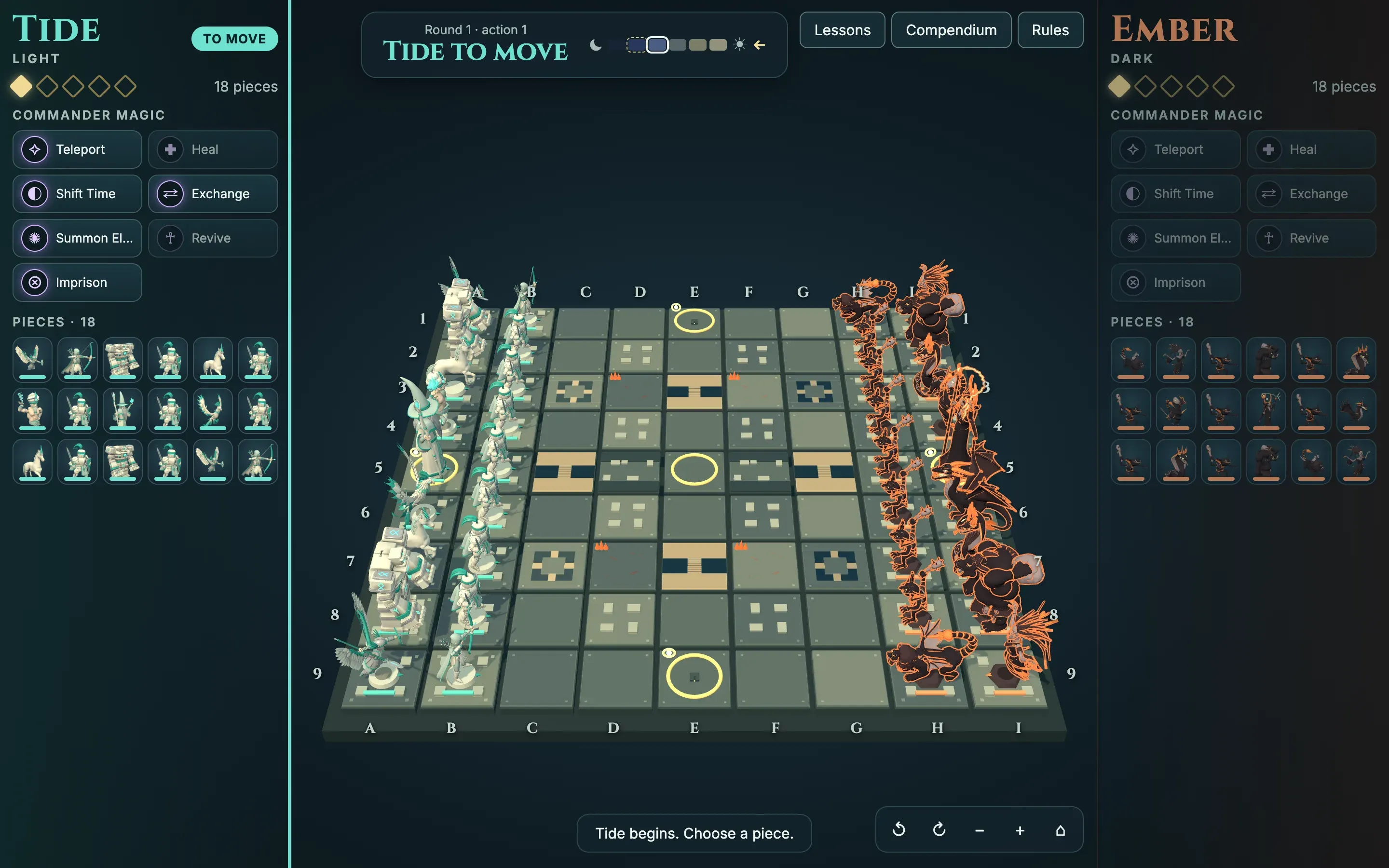 The Placebound board at the start of a match, the Tide army in ivory and teal on the left and the Ember army in charcoal and orange on the right