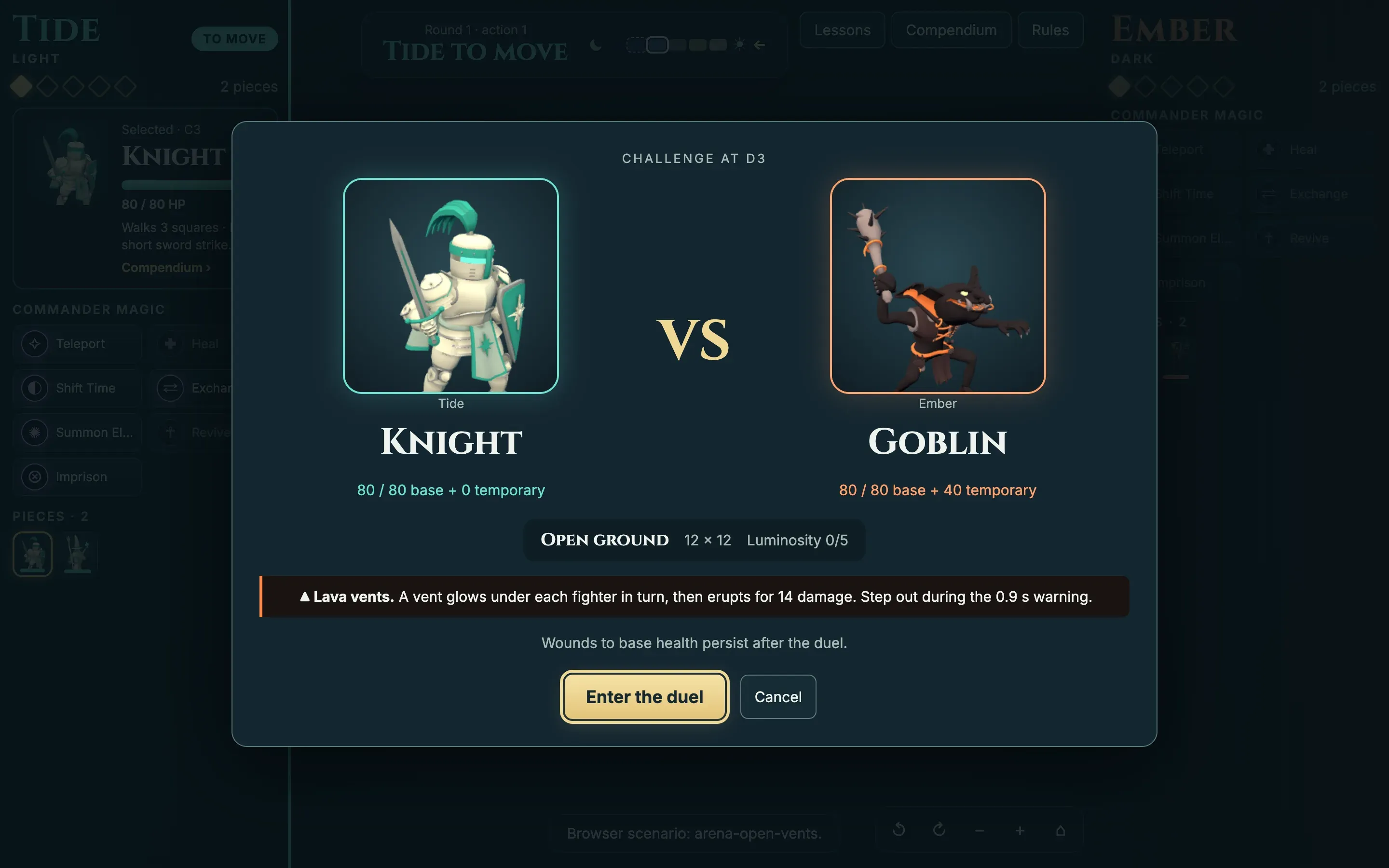 The challenge screen for a Tide Knight attacking an Ember Goblin on D3, with both health values and the lava vent hazard