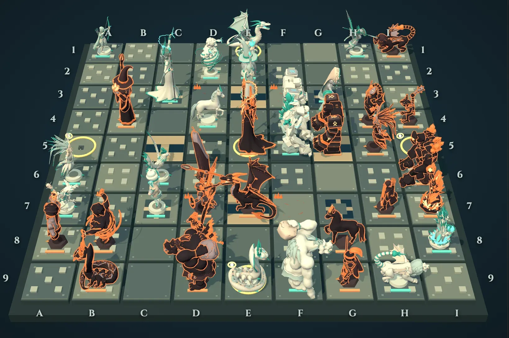 All 20 kinds for both sides on one board, from the Knight to the four elementals