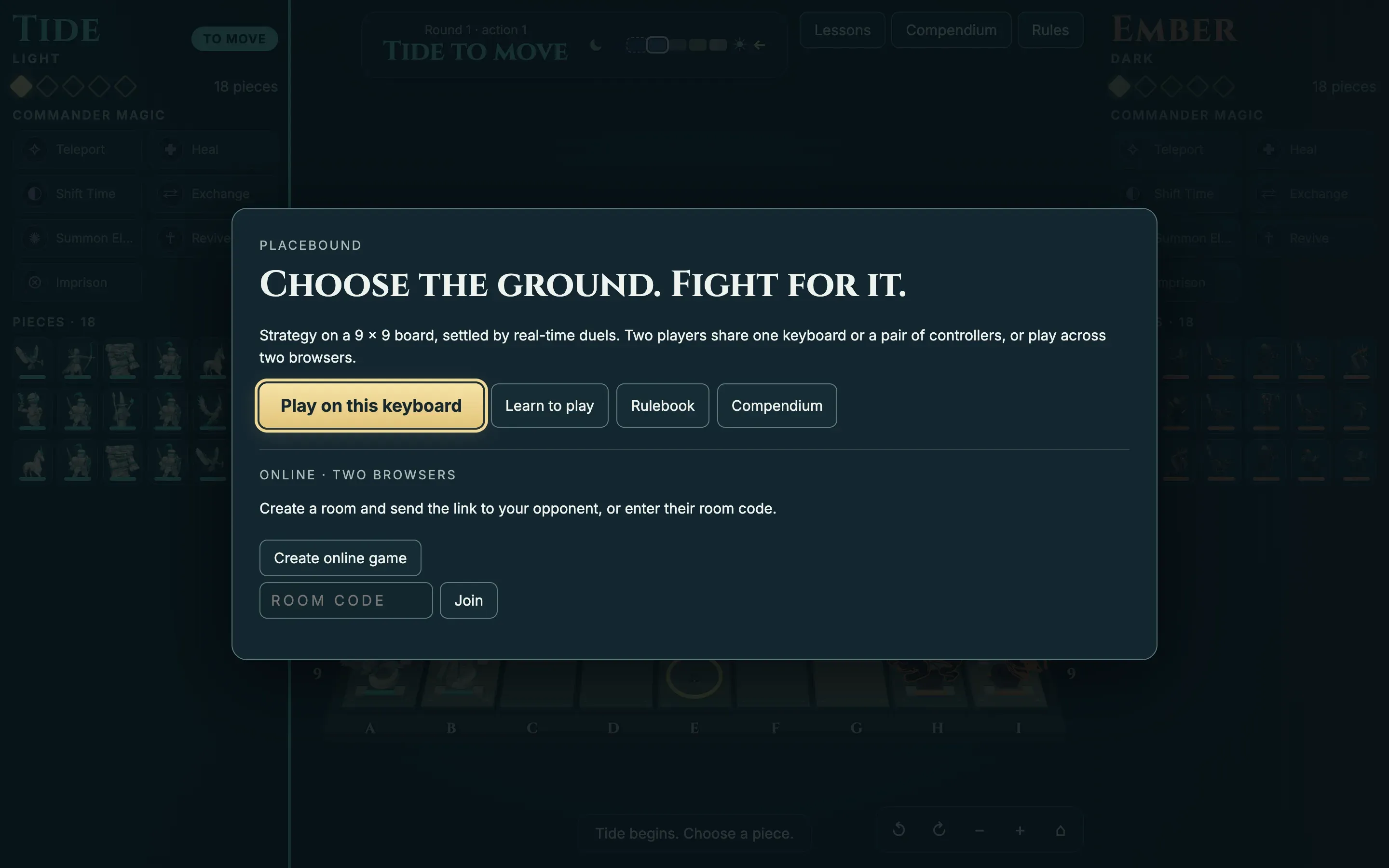The Placebound start screen with buttons for a local game, the lessons, the rulebook, the compendium and an online game